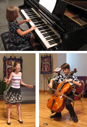 Pictures of children singing, playing the piano, and playing the cello