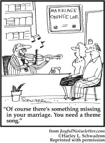 cartoon: Marriage counselor playing violin: Your marriage is missing something. What it needs is a themesong
