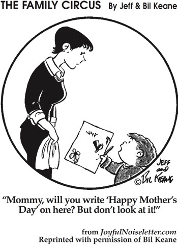 Cartoon: Child asks Mother to write 'Happy Mother's Day' on card but not look
