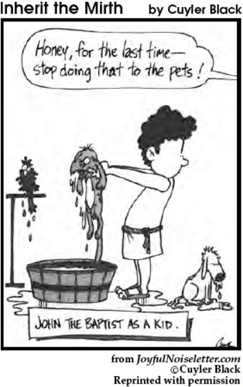 Cartoon of John the Baptist as a kid baptizing the pets
