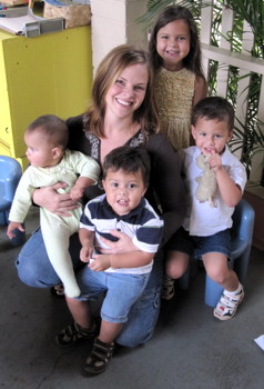 Shannon Sera with her children on the child care lanai