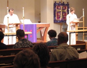Randy Castello and Debbie Dodd lead the Lenten worship service.