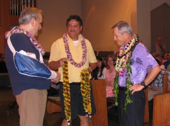 Bob and Ray present their hand-made lei