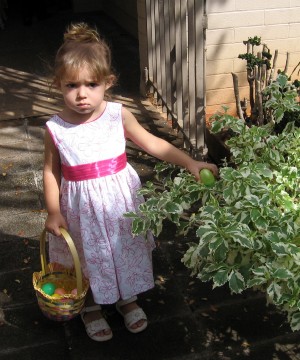 One of the children finds an egg among the foliage