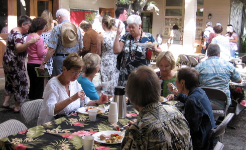 Members, friends, and visitors enjoy a delicious Easter brunch between morning worship services.