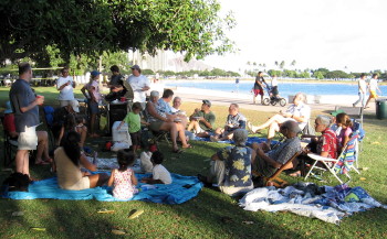 Hot dogs, hamburgers, and fellowship in the shade at beach side