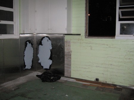 The first few panels of stainless steel have been put up and one set of windows removed.