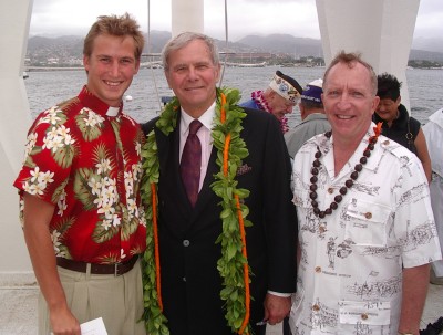 Newscaster Tom Brokaw flanked by St. John’s intern pastor, Derek Fossey, and Pastor Steve Jensen