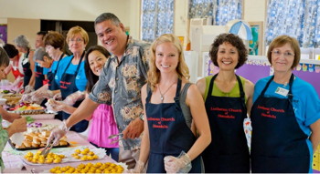 Volunteers on the serving line at the reception