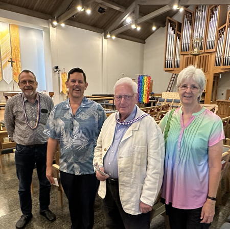 Barry Wenger and Phyllis Hörmann greet Bernd Becker (left) and Hans-Ulrich Erbsölh, who are working on the finals stages of the organ renovation project. Barry Wenger and Phyllis Hörmann greet Bernd Becker (left) and Hans-Ulrich Erbsölh, who are working on the finals stages of the organ renovation project.