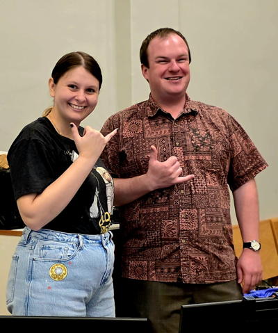 Grateful for volunteers like Jessica Carrasco and Eamonn Clarke, sharing a shaka after serving at the A/V desk on Sunday.