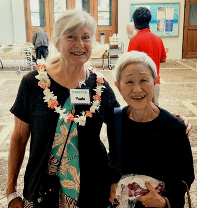 Paula and Liane in the courtyard after church.