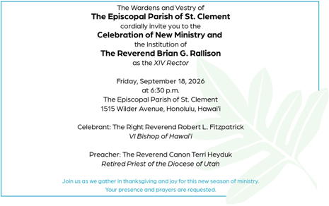 Invitation to installation of rector at St. Clements Sept 18 at 6:30 pm