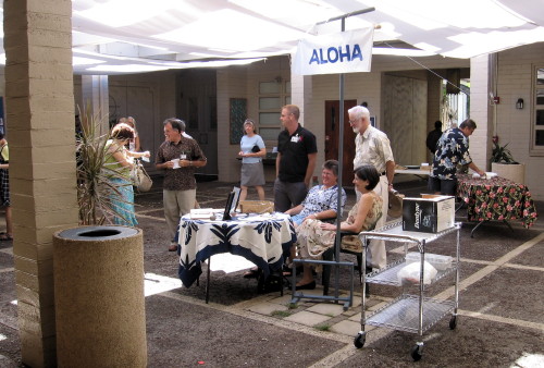 The courtyard is full of activity prior to worship