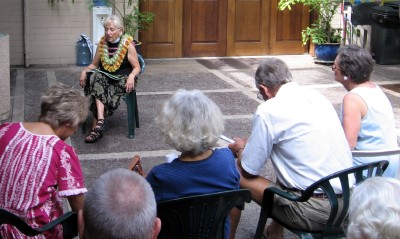 Pastor Parker meeting with members of the congregation between worship services